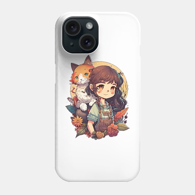 Girl & Ginger Cat Kawaii Anime Floral Cat Lover Phone Case by Ai Wanderer