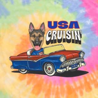 Funny humorous and cute German Shepherd dog driving a classic car while cruising the USA T-Shirt