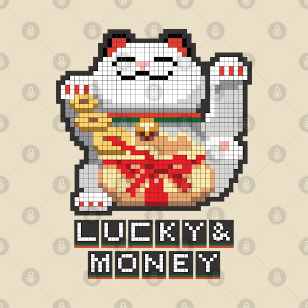 Maneki Neko Lucky & Money Japanese chubby white cat pixel art by Settha.sk