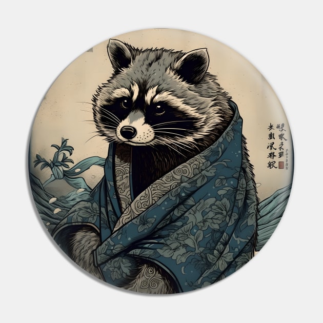 Raccoon and Waves - Traditional Japanese Ukiyoe Painting Pin by cocorf