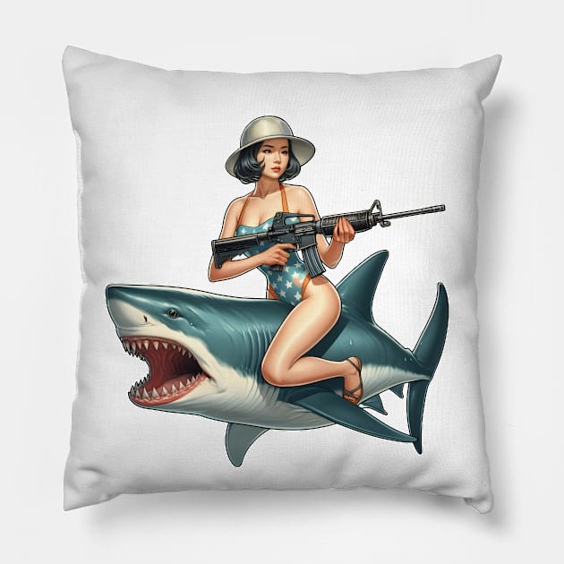 Tactical Girl and Shark Pillow by Rawlifegraphic