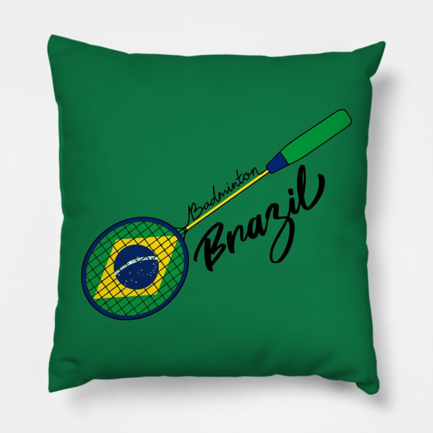 Brazil Badminton Flag on Racket Support Brazil Team Badminton Pillow by Mochabonk