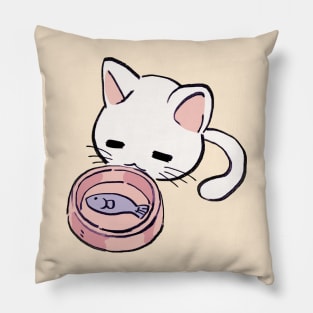 I draw lucky star white cat eating fish Pillow