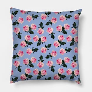 Scattered pink vintage roses on blue Pillow