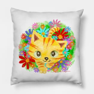 Kitten walking in flower garden Pillow