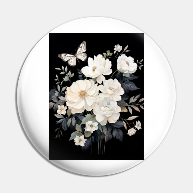 Elegant White Florals and Butterfly on Black - Botanical Ar Pin by naars90