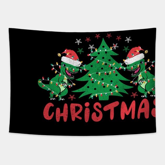 T-Rex Tree Rex Christmas Tree Xmas Lights Dancing Around Chrsitmas Tree Tapestry by BadDesignCo