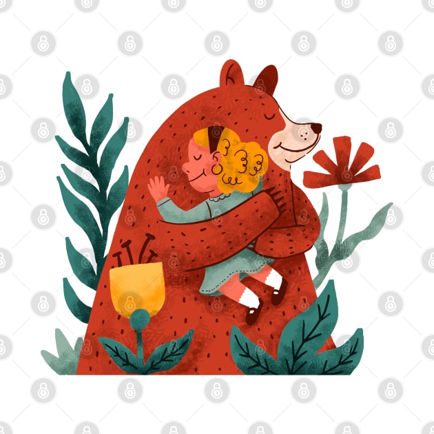 Girl Hugging Bear Hand drawn by Mako Design 