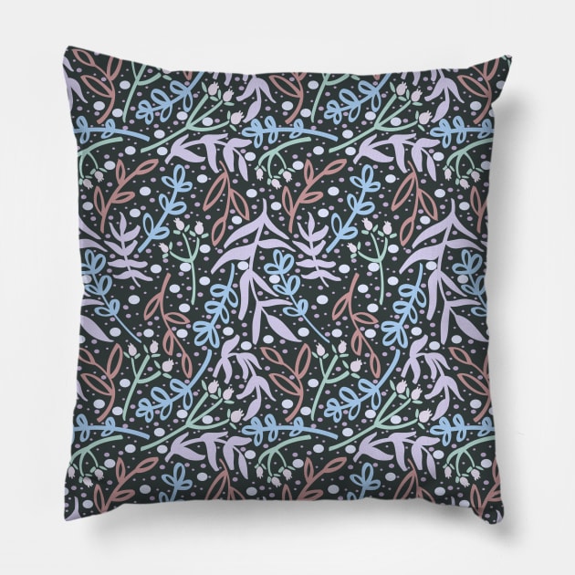 Botanicals and Dots - Hand Drawn Design - Pastel Blue, Mint, Purple, Red, and Dark Grey Pillow by GenAumonier