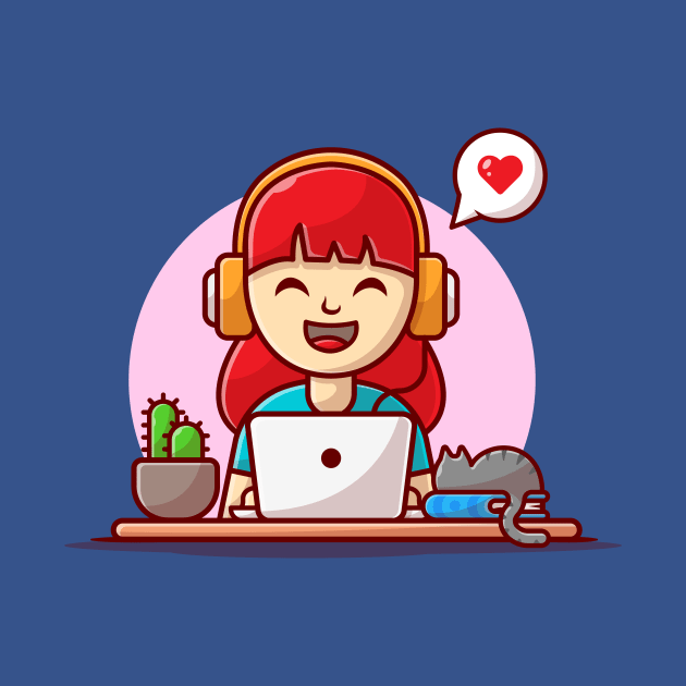 Happy Girl Listening Music with Headphone, Laptop, Cat on The Book and Plant Cartoon Vector Icon Illustration by Catalyst Labs