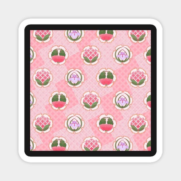 Traditional Japanese Floral Shippou Summer Flower Crest Pattern with Hydrangea, Iris, and Peony in Pastel Pink Magnet by Charredsky