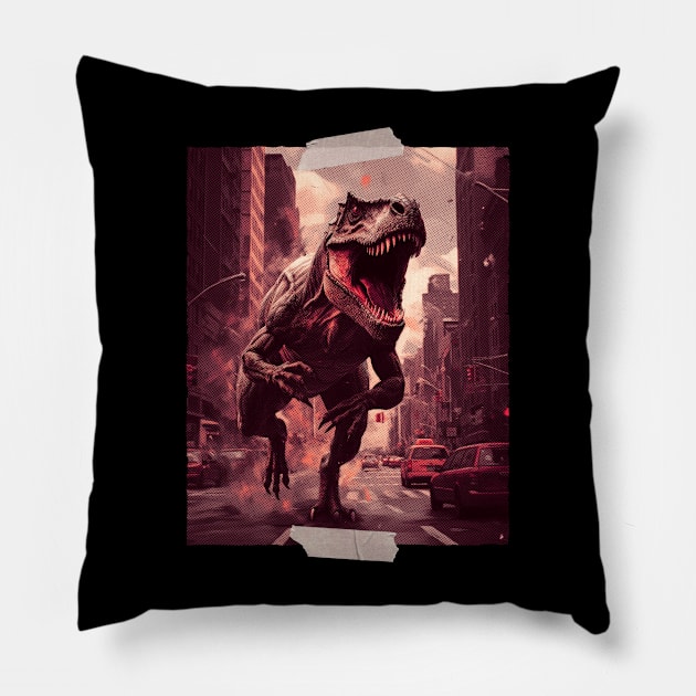 T Rex Tyrannosaurus Running Though The City Dinosaur Design Pillow by UNDERGROUNDROOTS