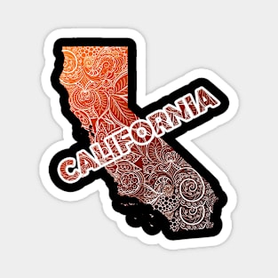 Colorful mandala art map of California with text in brown and orange Magnet