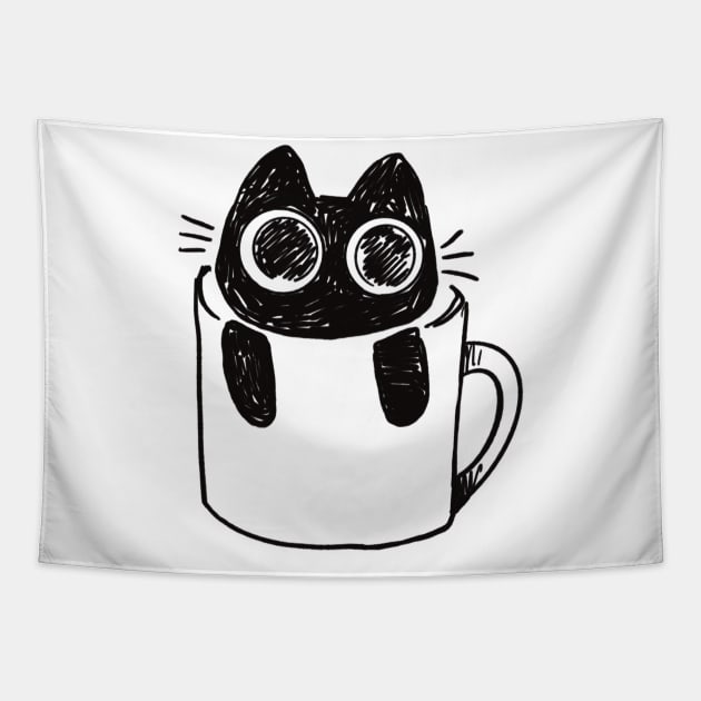 Bucky in a Mug / Cat in a teacup illustration / Black Cat Tapestry by lizillu