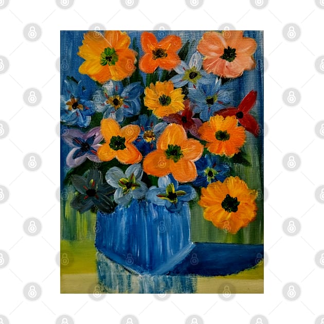 A beautiful bouquet of mixed flowers in a glass and gold vase by kkartwork