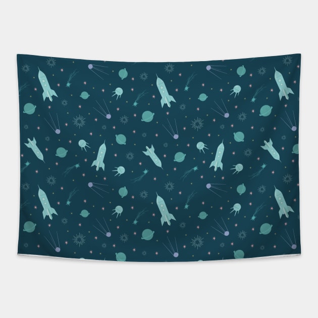 Rocket and planets with satellite in outer space Tapestry by PinataFoundry