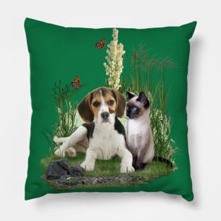 Cute Beagle Puppy & Siamese Kitten & Butterflies Pillow