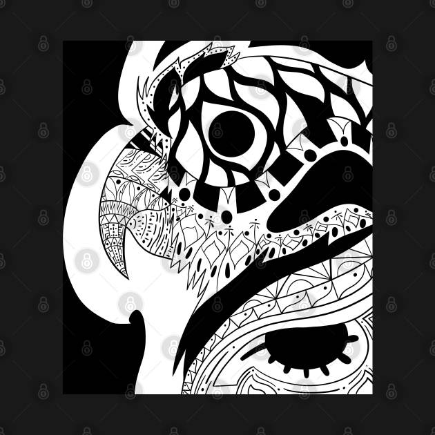 lovely guacamaya yara parrot ecopop in black pattern tribal art by jorge_lebeau