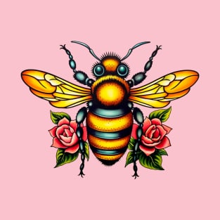 Vintage Bee and Roses Flash Tattoo T-Shirt