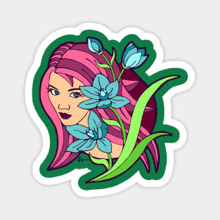 Pink Haired Girl and Blue Lilies Magnet