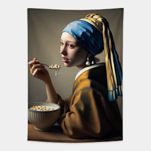 Pearl Earring's Cereal Moment: National Cereal Day Celebration Tapestry