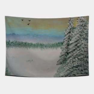 A winter landscape scene with pines Tapestry