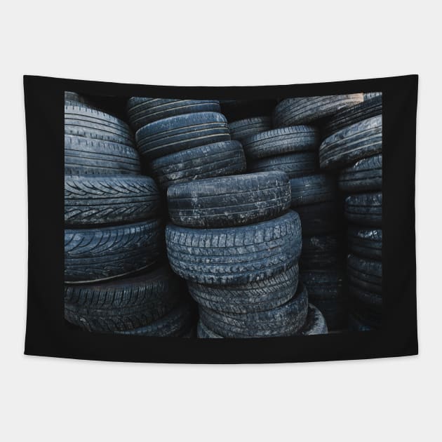 Used Tyres In A Pile Tapestry by mooonthemoon