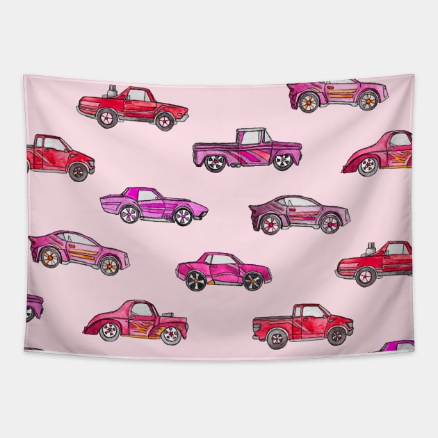 Little Toy Cars in Watercolor on Pink Tapestry by micklyn