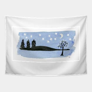 Starry Night Moon, Black Trees Mountains. Painting Art Print  Painting Art Print Fine Art Print from Watercolor Painting Landscape Art Print Starry Night Watercolor Tapestry