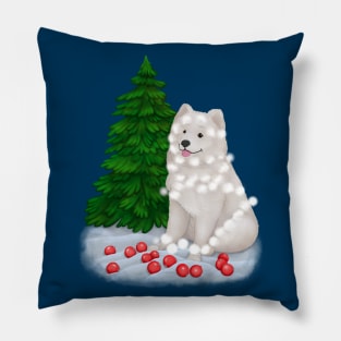 White fluffy Samoyed dog in a Christmas setting Pillow