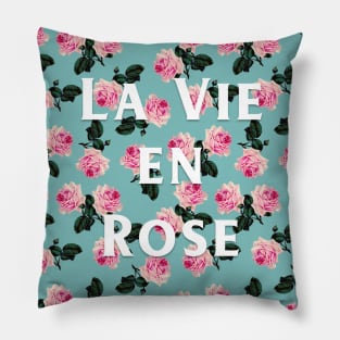 La Vie En Rose - Pink roses on turquoise, teal tee Pillow