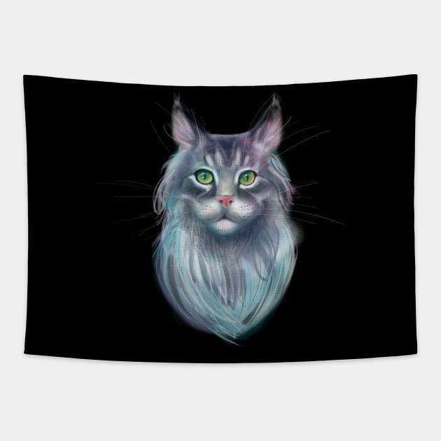 Grey Maine Coon Cat with Green Eyes Tapestry by meridiem