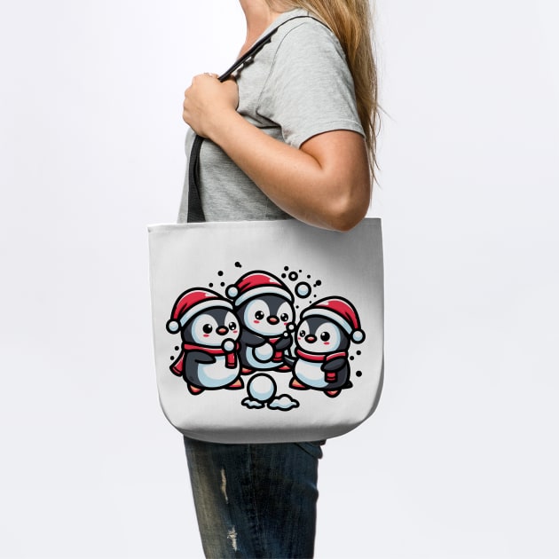 Adorable Cute Penguin Santa Hat Winter Snowball Fight by Frank Ring