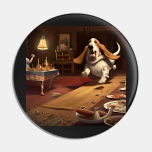 Hungry Basset Hound with Christmas feast Pin