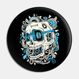 Skull Electrify Me Shark Teeth Blue Eyeglasses Broken Wood Forest Roots Pin