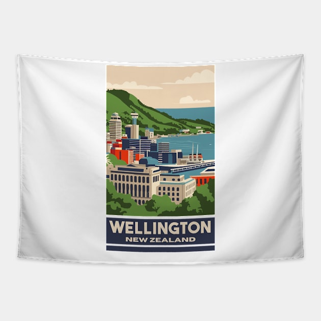 A Vintage Travel Art of Wellington - New Zealand Tapestry by goodoldvintage