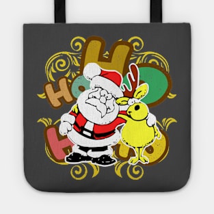 Ho ho ho Santa Claus and Rudolf the reindeer in friendly embrace in a Christmas atmosphere against the background of colorful letters Tote