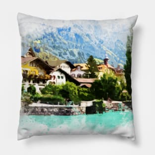 Swiss Alps Watercolor Mountains Landscape Art / Switzerland Pillow