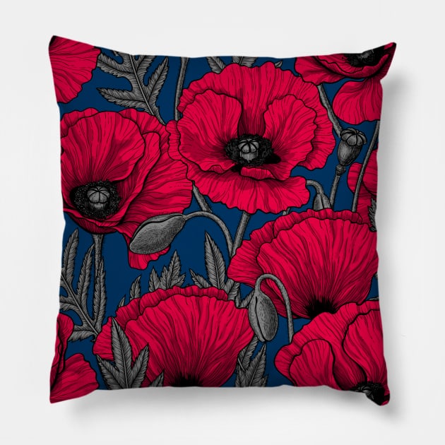 Red poppy garden Pillow by katerinamk