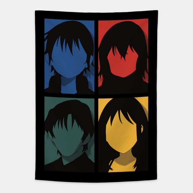 Erased anime | All main character in colorful pop art minimalist design | Satoru fujinuma x Kayo hinazuki x Airi katagiri x Gaku yashiro Tapestry by Animangapoi