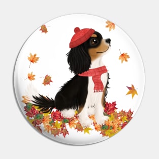 Tri-Color Cavalier King Charles Spaniel in Fall Leaves - Unique Cavalier Gift Pin