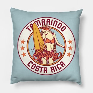 Vintage Surfing Badge for Tamarindo, Costa Rica Pillow