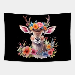 A baby deer decorated with beautiful watercolor flowers Tapestry