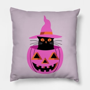 Witchy cat and pumpkin - pink Pillow