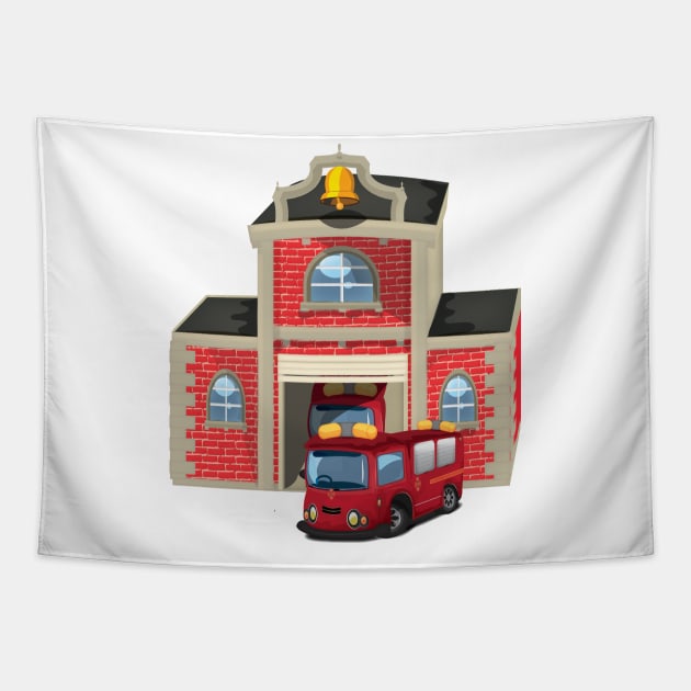 Fire truck and fire house Tapestry by nickemporium1