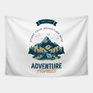 Cream Green Illustrated Adventure Awaits T-Shirt Tapestry