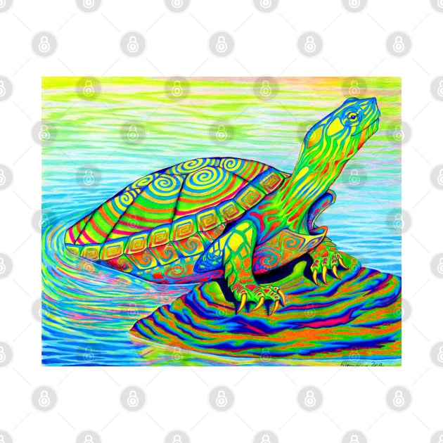 Psychedelic Neon Rainbow Painted Turtle by rebeccawangart