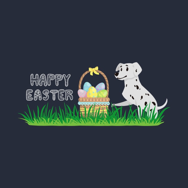 Happy Easter with Basket Full of Eggs on Grass and Dalmatian Dog by Seasonal Dogs