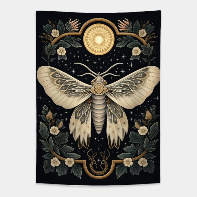 Mystical night moth among Flowers Tapestry by Elizabeth Aurora