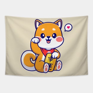 Cute Lucky Shiba Inu Holding Gold Coin Cartoon Tapestry